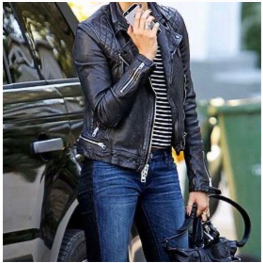 AllSaints Conroy Quilted Leather Zip Biker Jacket Black Asymmetric Size US 4 - Picture 2 of 11